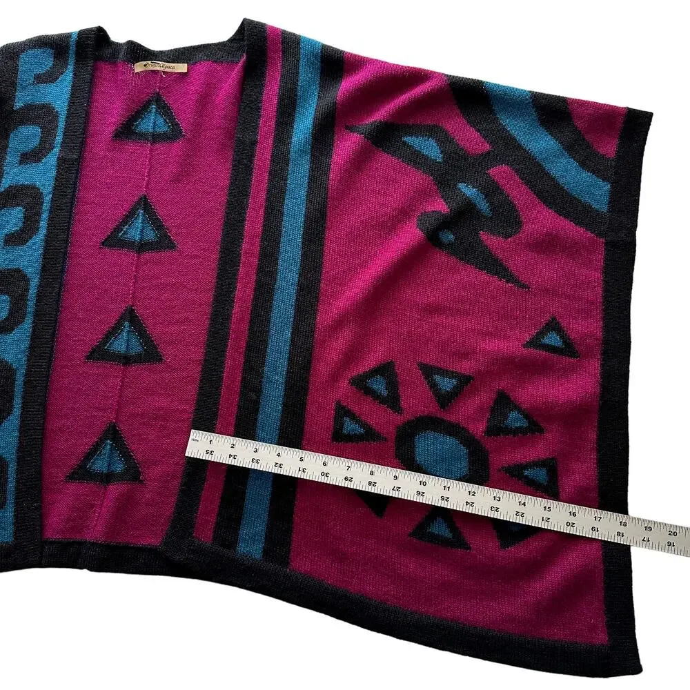 Origin Alpaca Bright‎ South American Graphic Pink Teal Knit Ruana Poncho Wrap OS
